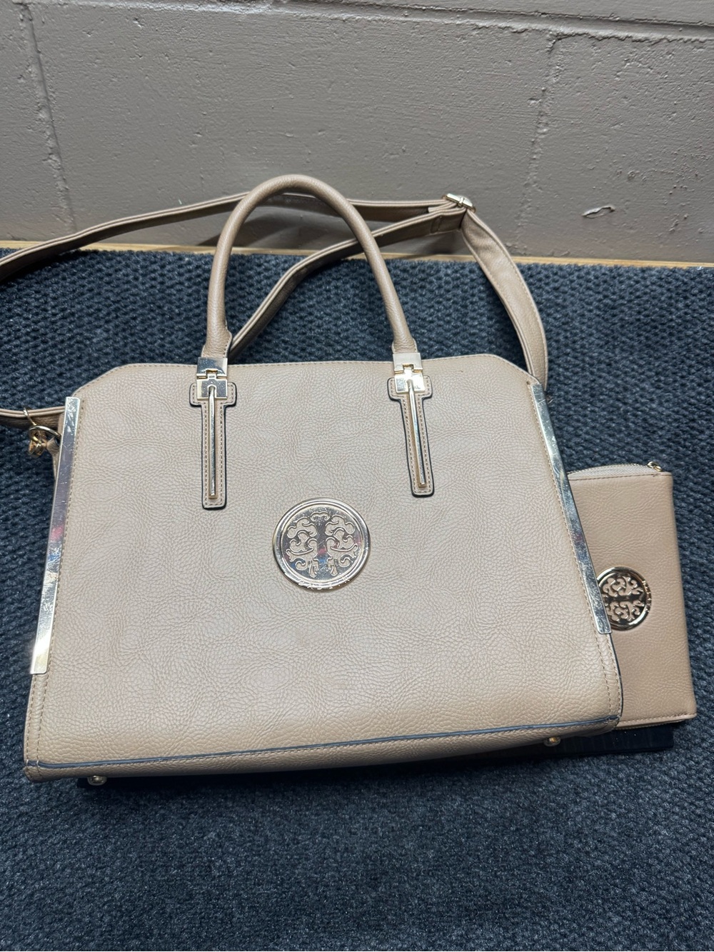 Beige Structured Satchel Handbag with Removable Strap and matching wallet